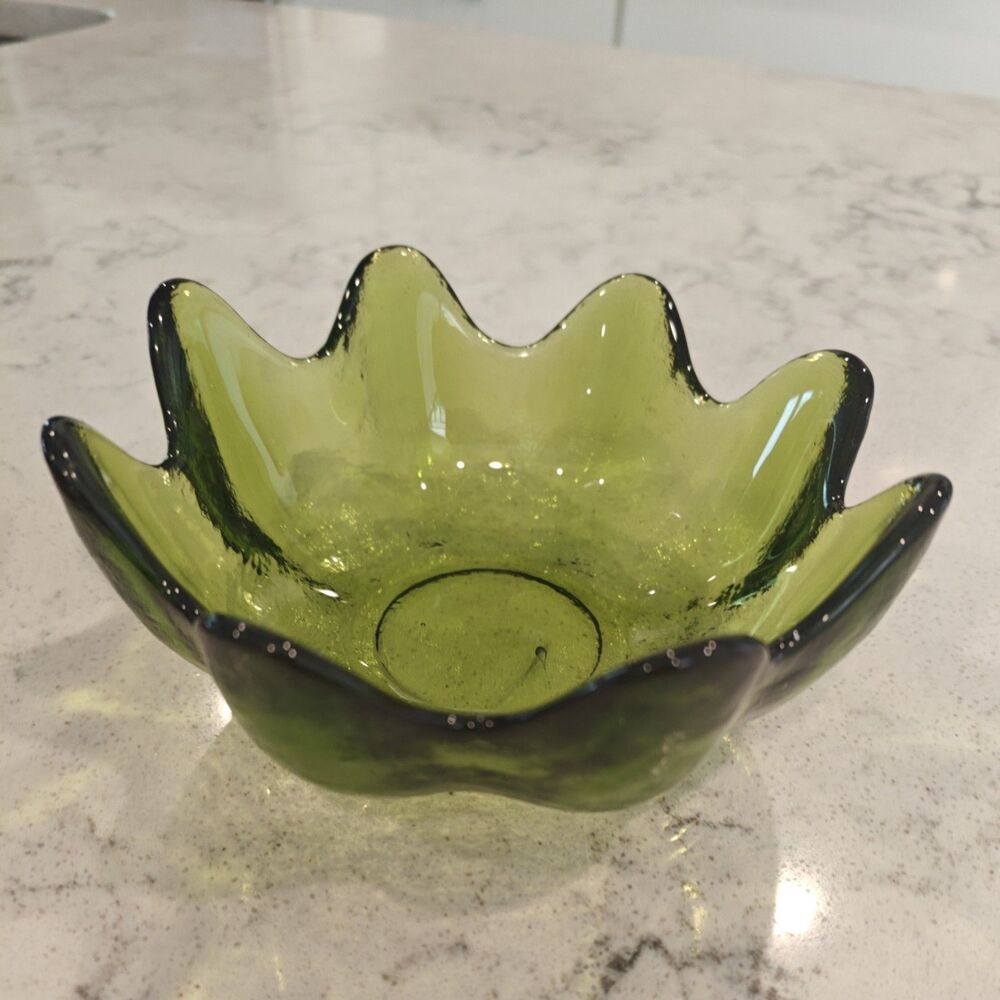 Vintage Blenko Olive Green Glass Lotus Bowl Dish, Mid Century Style 2710